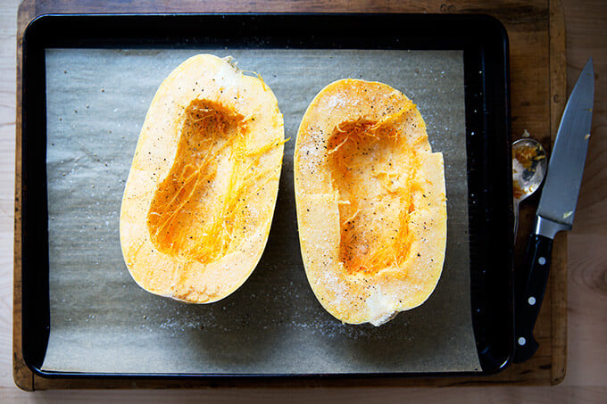 salted and peppered spaghetti squash