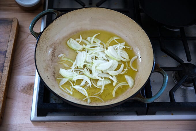 sauteeing the onions in a Le Creuset braiser