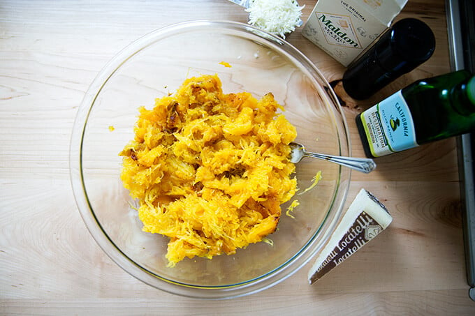 spaghetti squash, ready to be seasoned