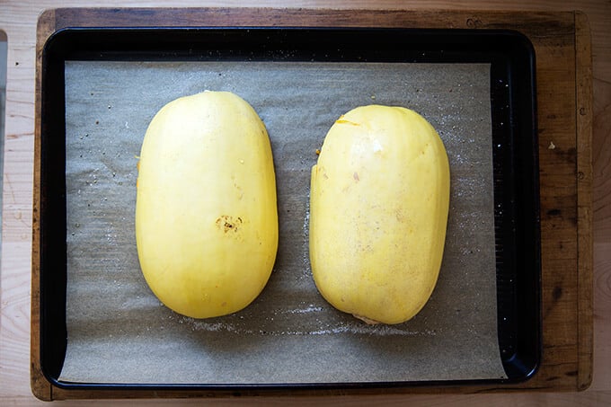 spaghetti squash, ready to be roasted