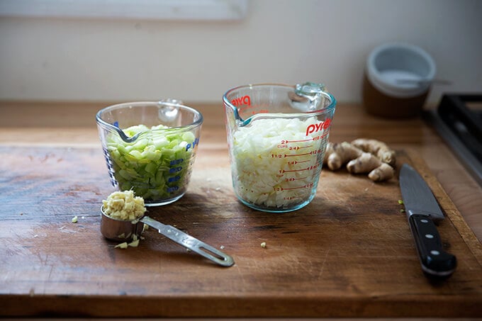 chopped onions, celery and ginger