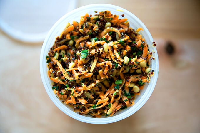 carrot-quinoa salad with lemon-tahini dressing, all packed up