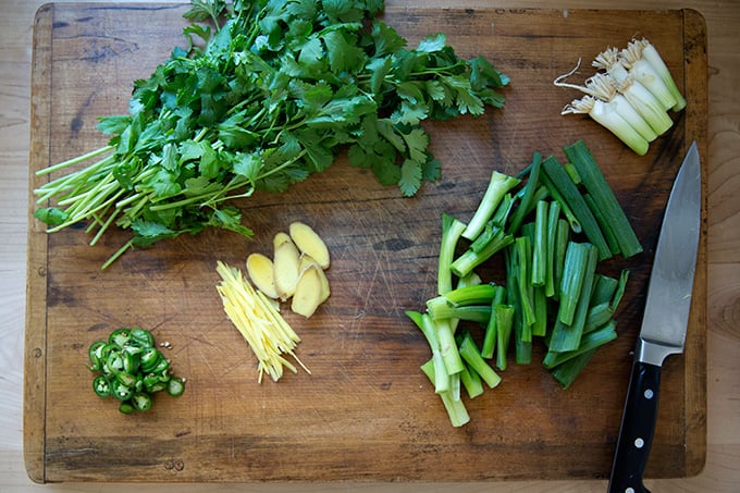 aromatics: cilantro, ginger, scallions, hot chili