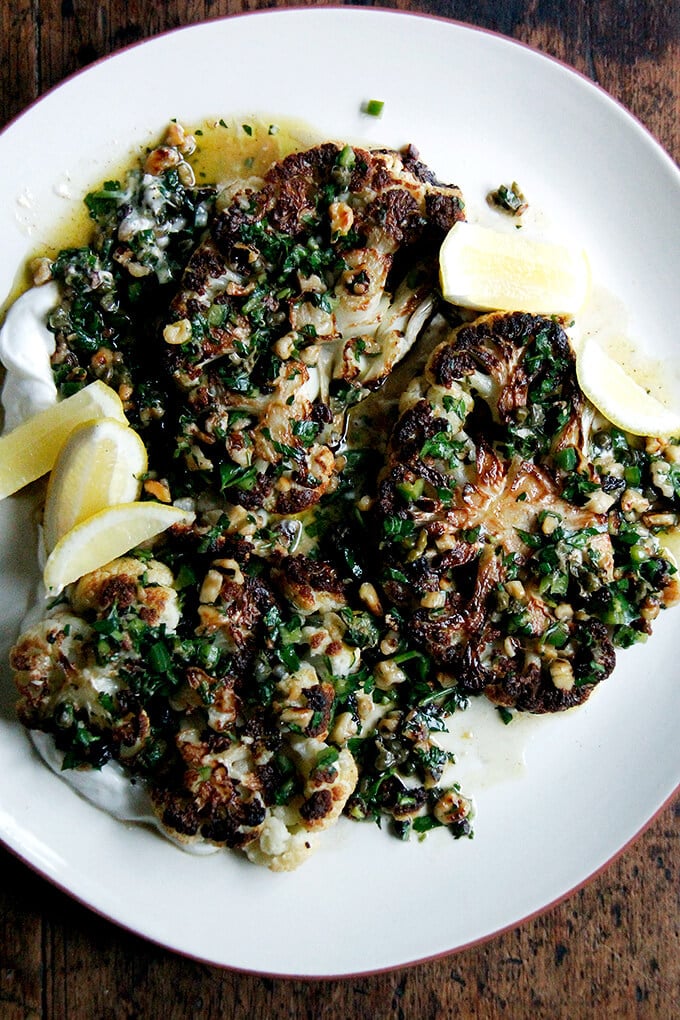 cauliflower steaks with caper-walnut salsa