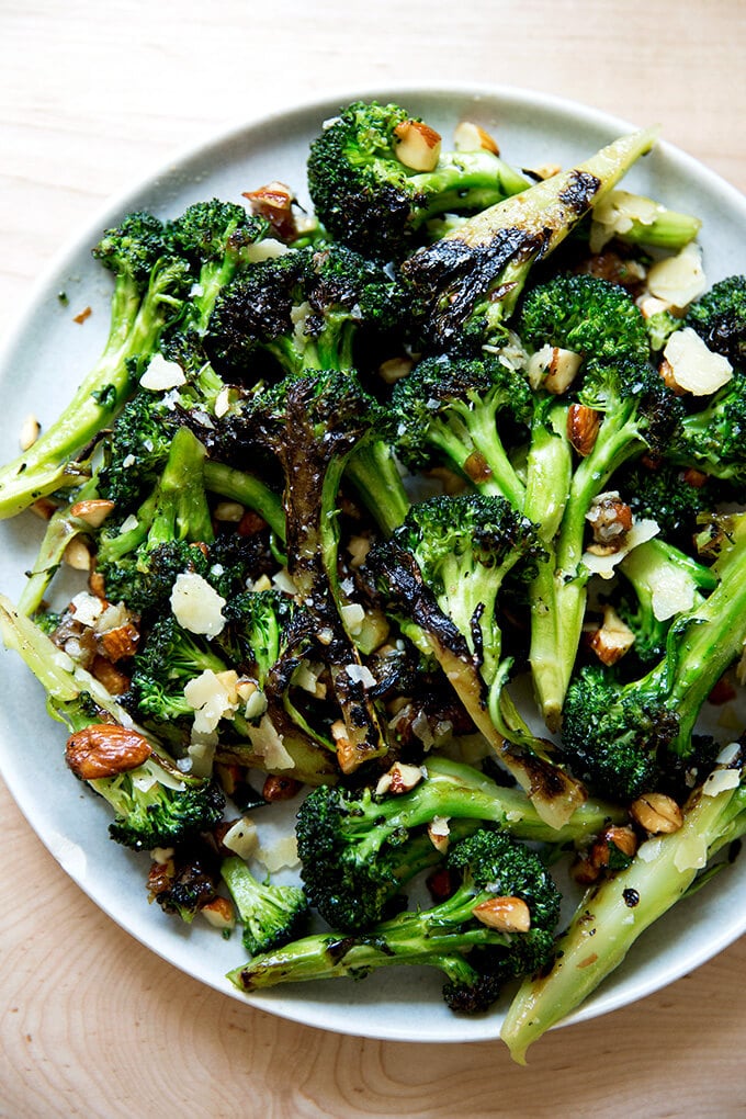 Charred Broccoli Salad With Dates Almond Cheddar Alexandra S Kitchen