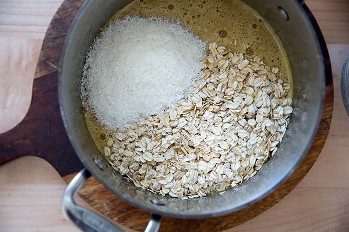adding the oats, coconut and vanilla