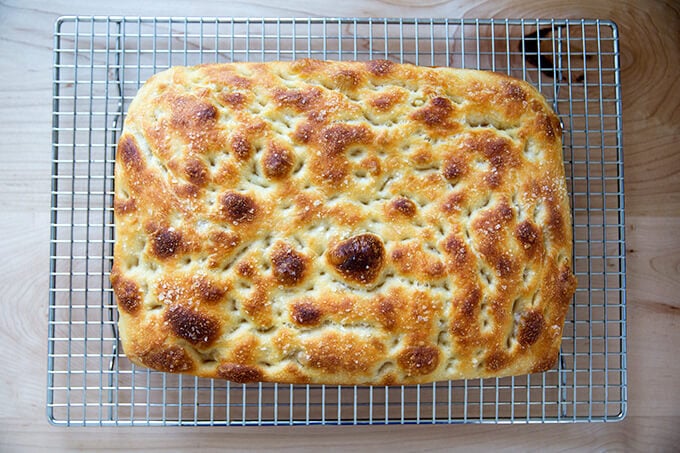 freshly baked sourdough focaccia, cooling