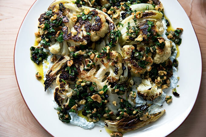 cauliflower steaks with caper-walnut salsa