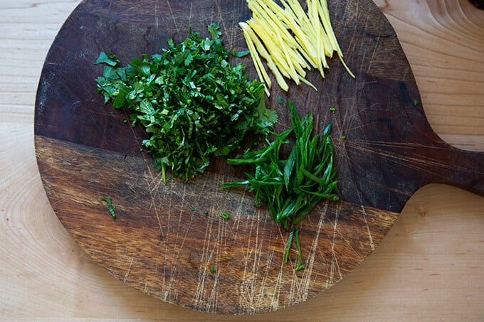 finishing touches: slivered ginger, scallions and cilantro