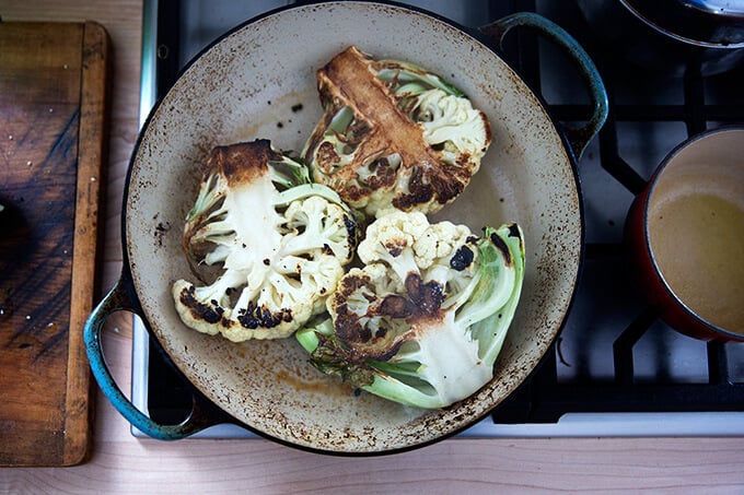 searing the cauliflower steaks