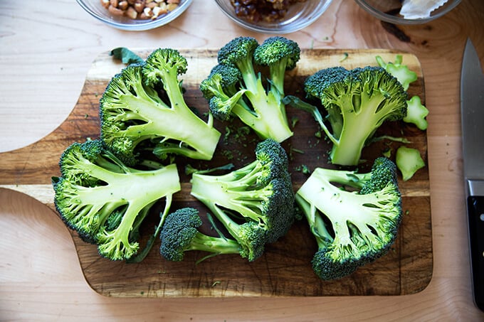 halved heads of broccoli