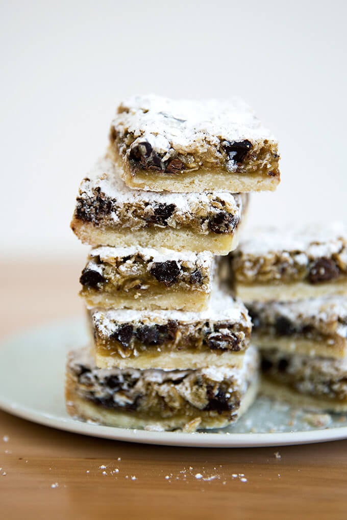 gooey oat bars, stacked vertically