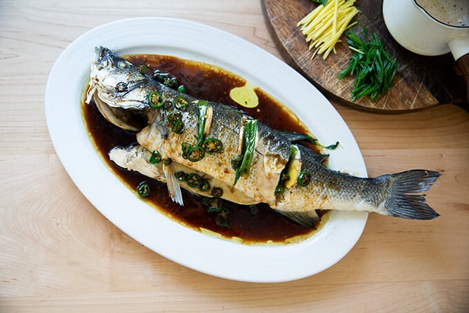 steamed Branzino, oiled and sauced