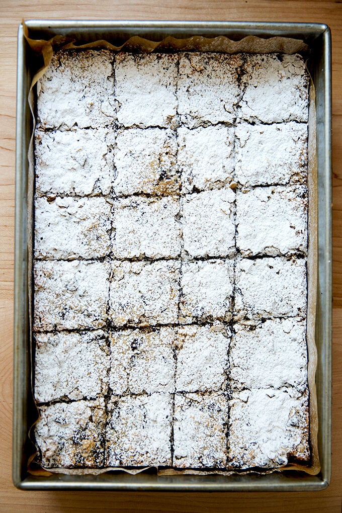 oat bars, powdered sugared, ready for the fridge