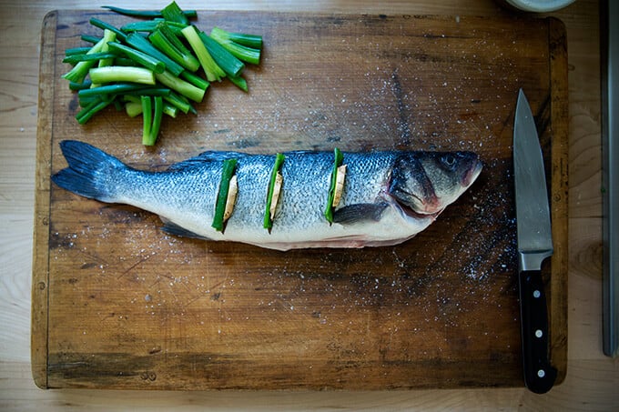 prepping the Branzino for steaming