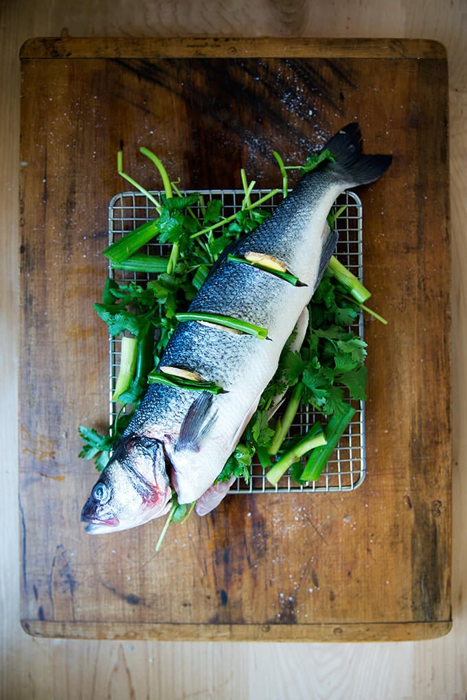 whole Branzino, ready to be steamed