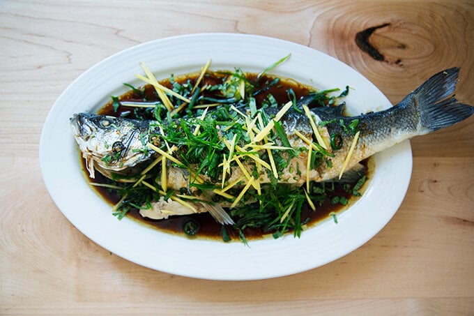 Chinese-style whole Branzino with ginger, scallions and soy sauce