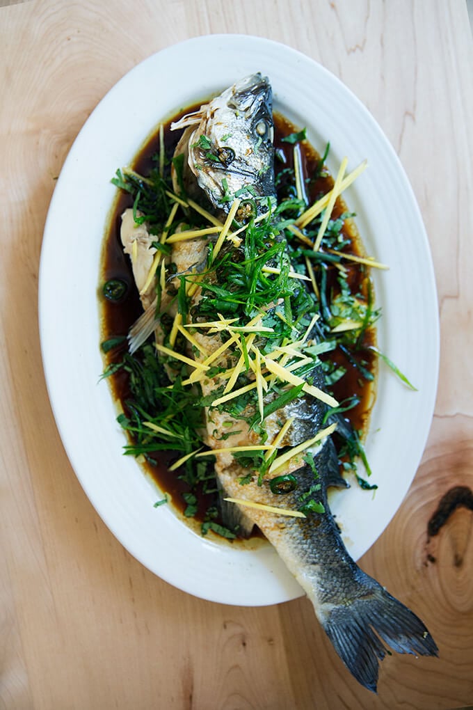 Chinese-style whole Branzino with ginger, scallions and soy sauce