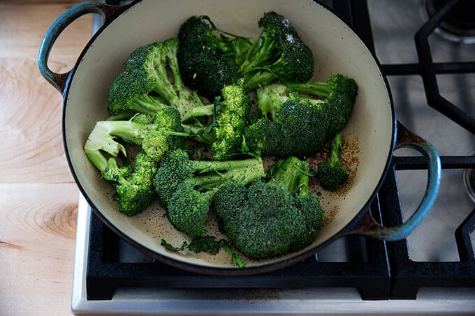 searing the broccoli