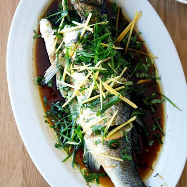 Chinese-style whole Branzino with ginger, scallions and soy sauce