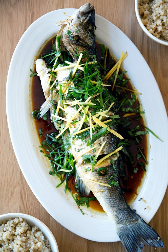 Chinese-style whole Branzino with ginger, scallions and soy sauce