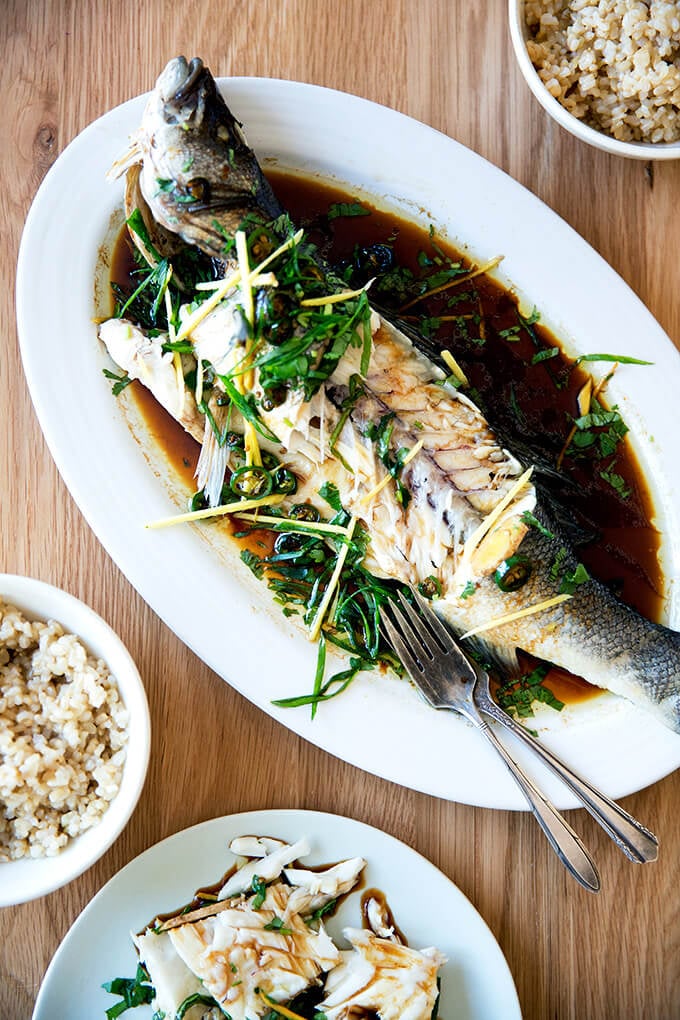 Chinese-style whole Branzino with ginger, scallions and soy sauce