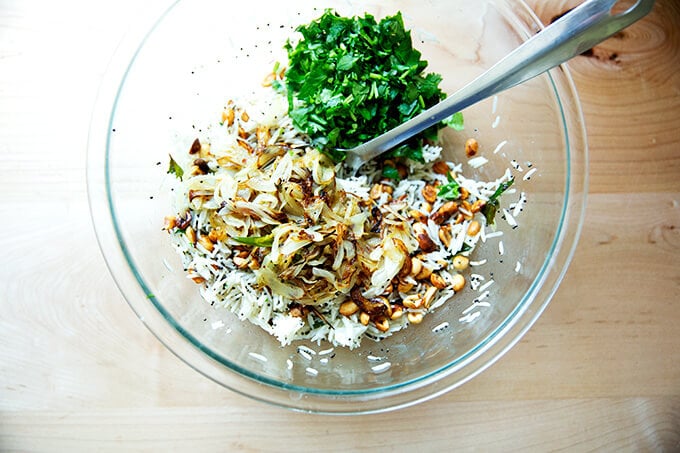 A bowl of Indian Fried rice, ready to be tossed.