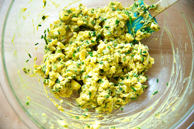 A bowl of avocado egg salad.