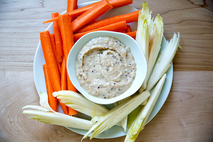 carrots and endive with white bean-chutney spread