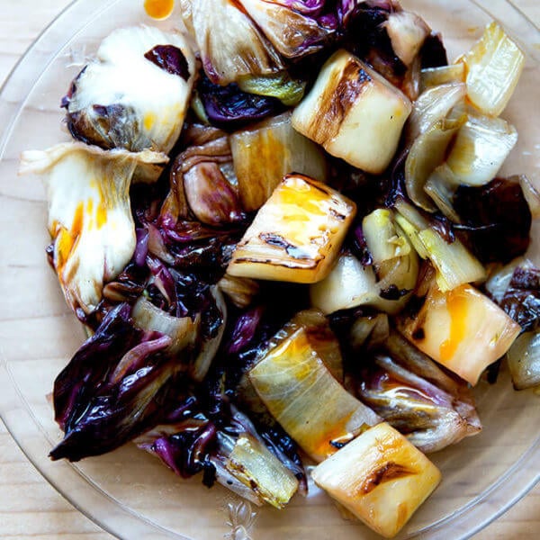 A plate of sautéed chicories with chile oil.