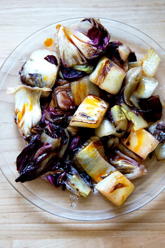 A plate of sautéed chicories with chile oil.