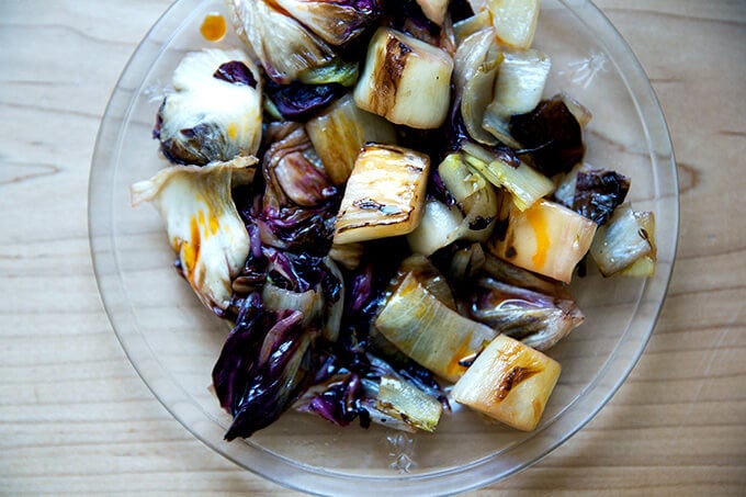 A plate of sautéed chicories with chile oil.