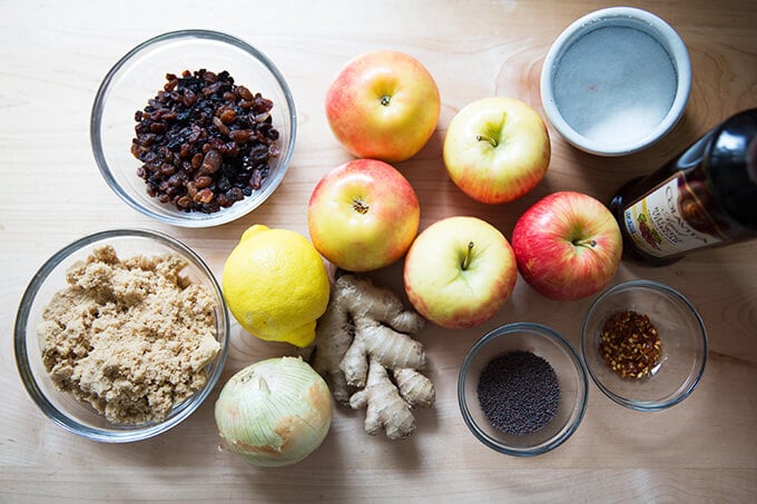 All of the ingredients for a homemade apple chutney recipe on the counter.