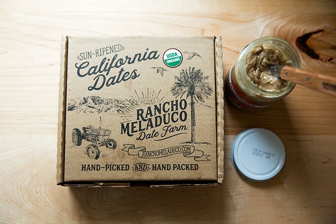 A box of Rancho Meladuco Dates + a jar of almond butter