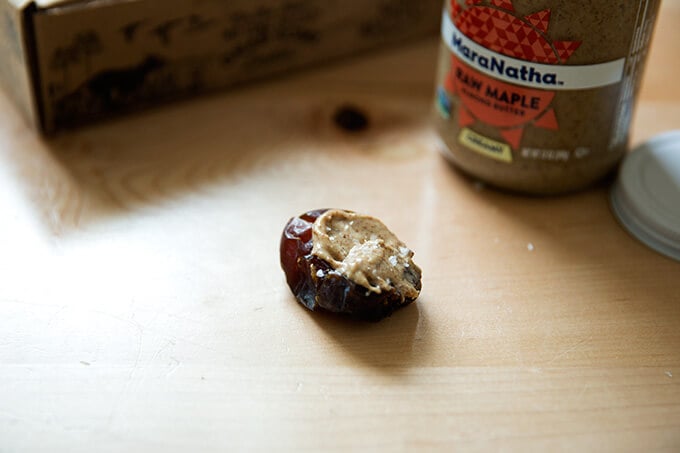 A date spread with almond butter and sea salt.