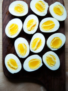 Six Perfect Instant Pot hard-boiled eggs, halved