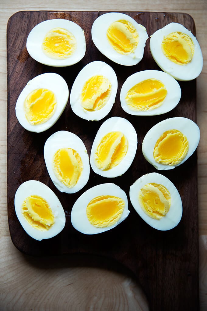 A half dozen halved hard-boiled eggs, made in the Instant Pot.