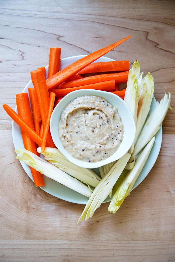endive and carrots with white bean and chutney spread