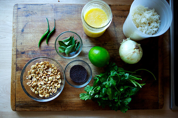 The ingredients for Indian fried rice with peanuts and chilies.