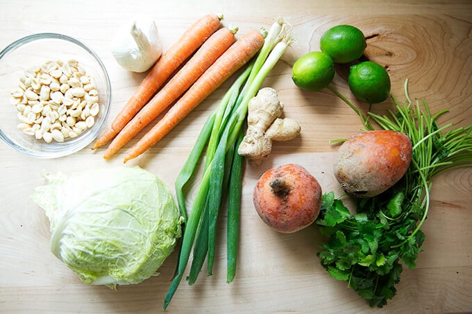 The ingredients for the chopped Thai salad satay: peanuts, cabbage, carrots, scallions, ginger, beets, cilantro.