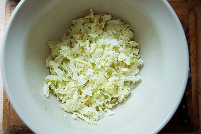 bowl of shredded cabbage tossed in salt
