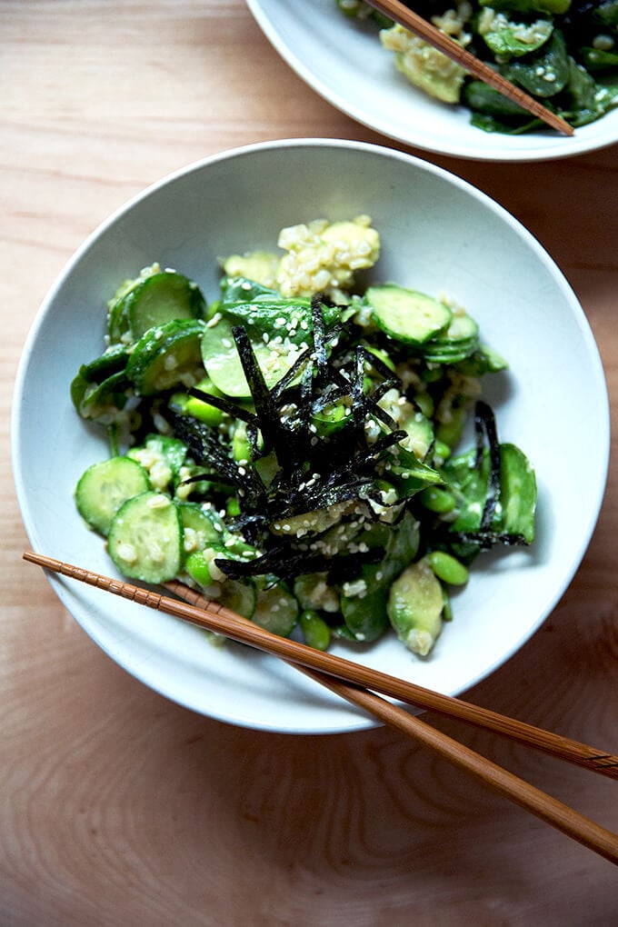 Sushi salad, served.