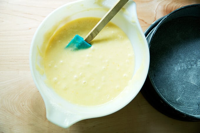 A bowl of batter for rhubarb-custard cake.