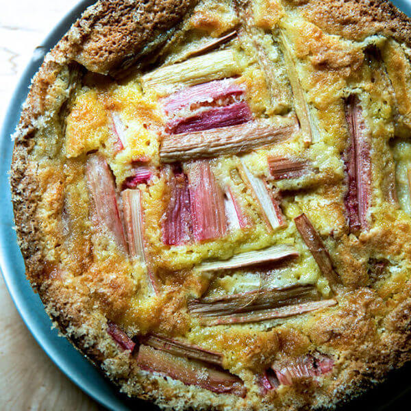 rhubarb custard cake cooled and ready to eat.