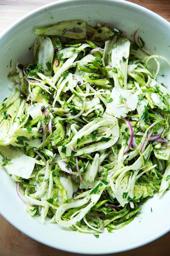 A bowl of fennel salad all tossed together.