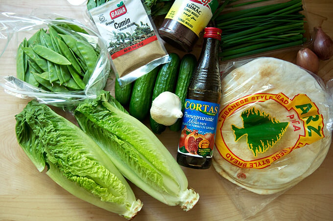 All of the ingredients for the spring salad with crispy pita and fattoush dressing