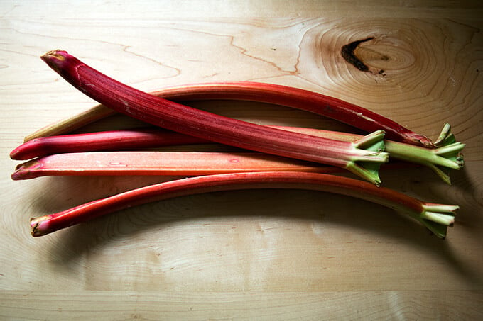 Five whole stalks of rhubarb.