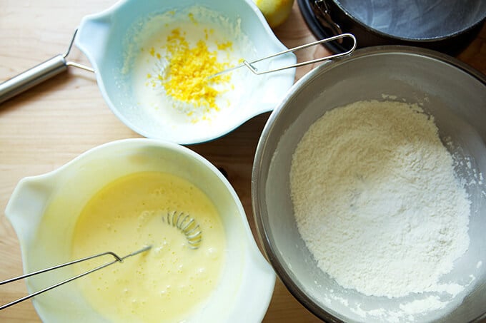 The three components to the rhubarb cake, each in separate bowls.