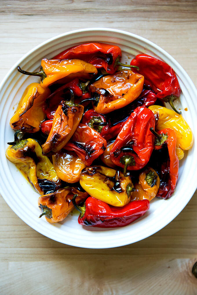 Bowl of just-roasted balsamic mini peppers.