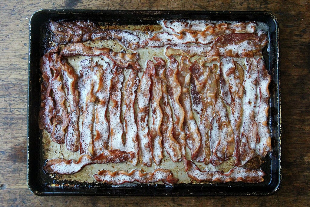 Cooked bacon on a sheet pan